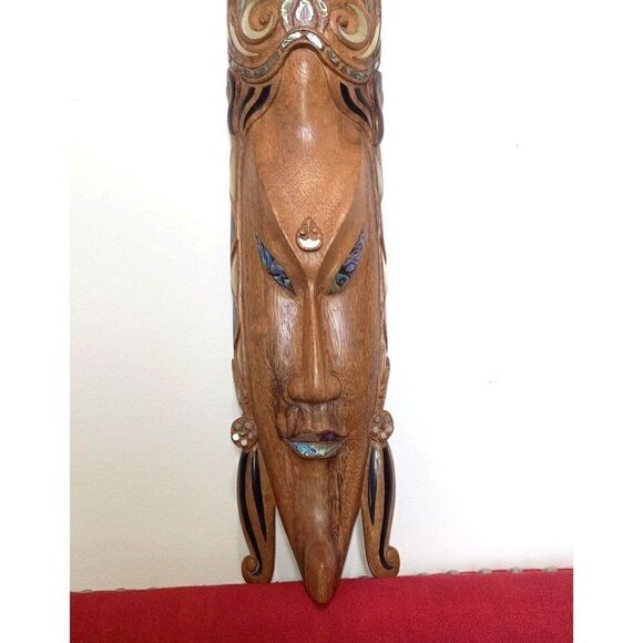 African Wood Mask Inlaid Abalone Mother of Pearl Seashell Large Unique Rare